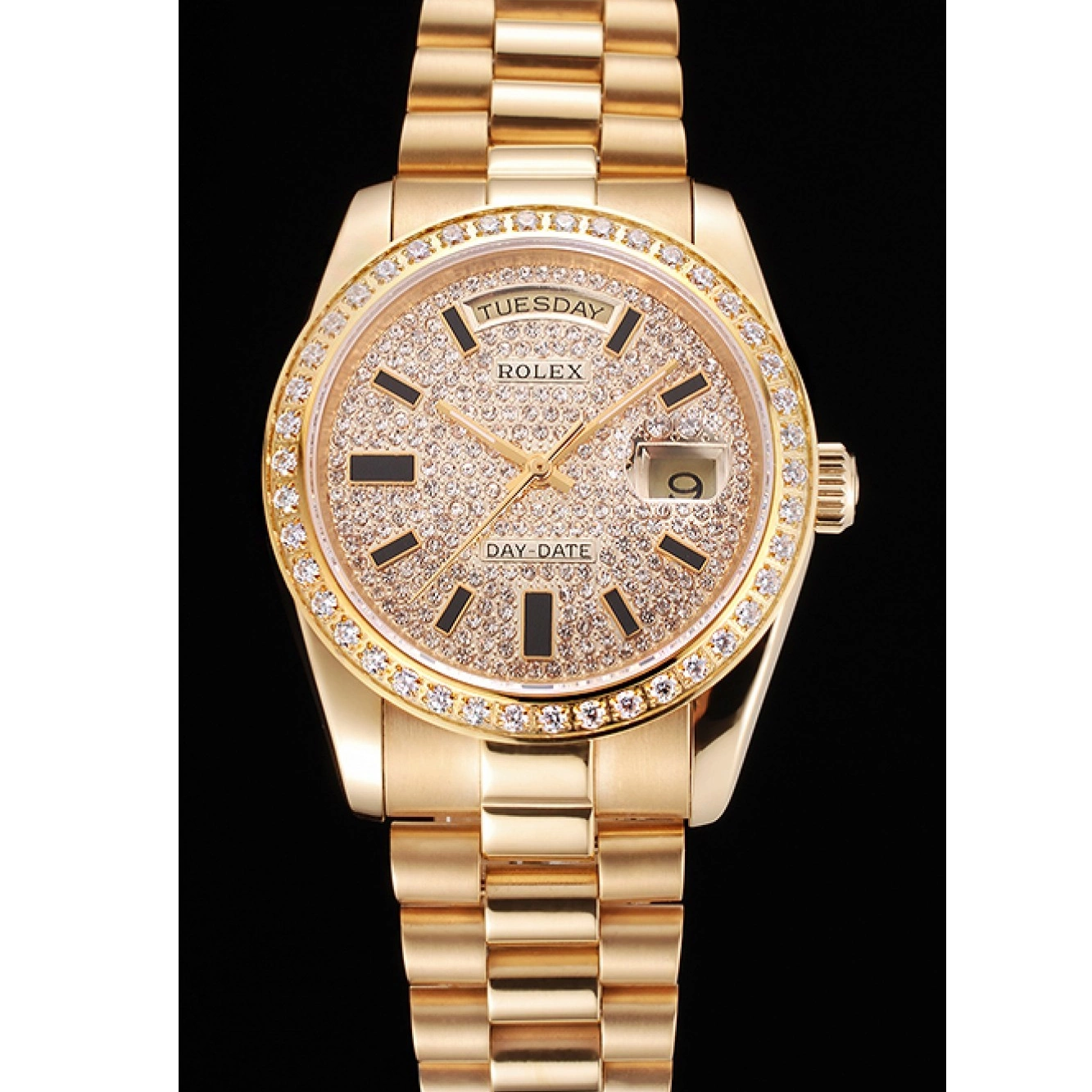 AAA replica watch And Pave Diamond Swiss And Day Bracelet Case Bezel Gold Dial Date Rolex 0824